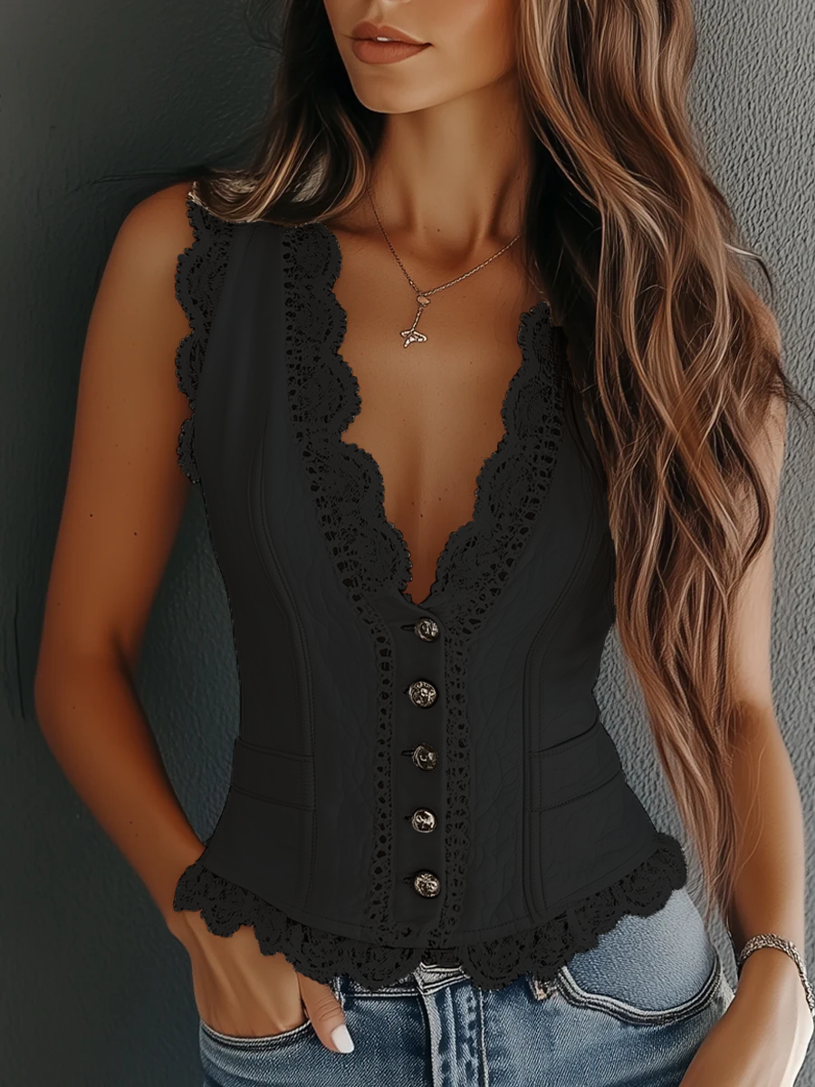 Benedetta | Gilet vintage in similpelle con pizzo