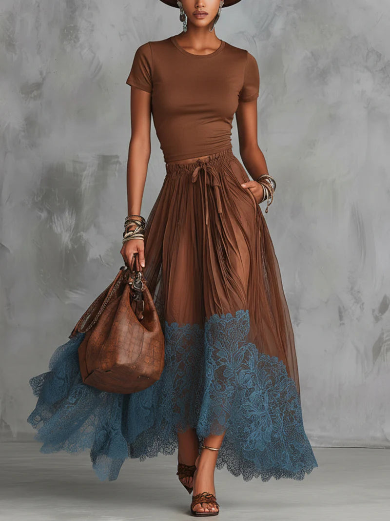 Raffaella | Set gonna in tulle con pizzo marrone e blu
