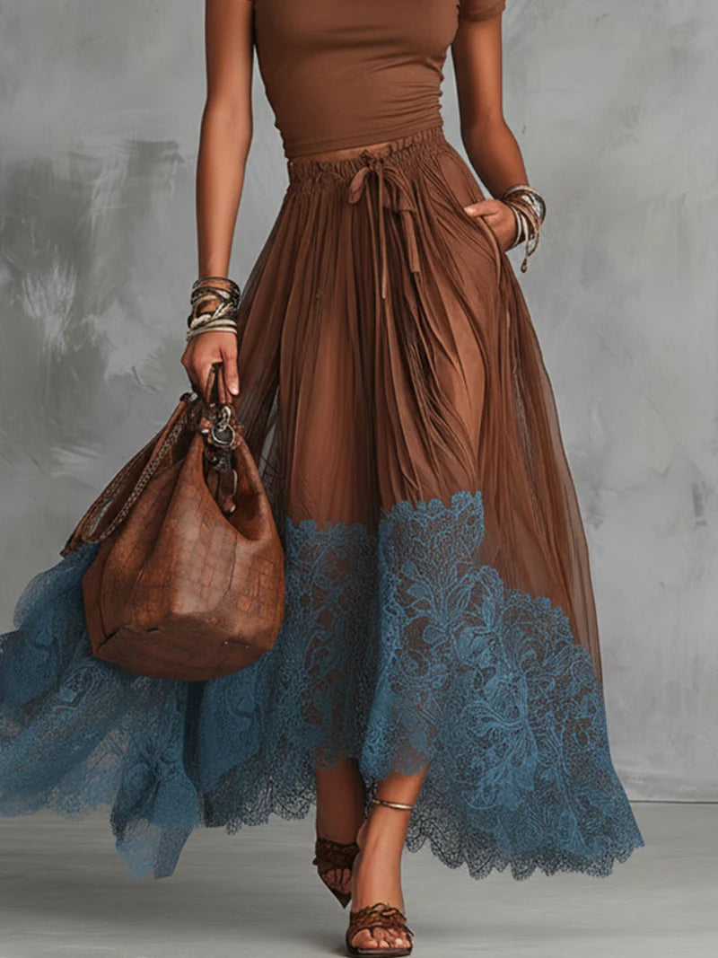 Raffaella | Set gonna in tulle con pizzo marrone e blu