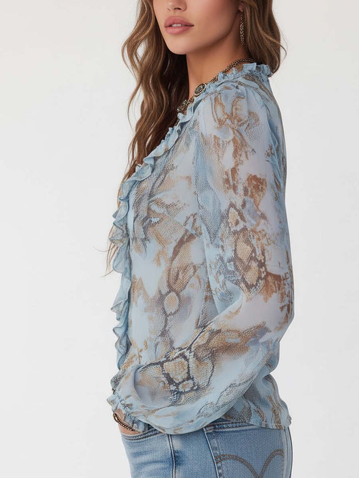 Adelia | Blusa in chiffon con volant e cerniera frontale con stampa blu ghiaccio