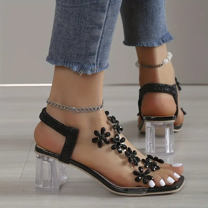 Jessica | Sandali da donna con tacco largo e cristalli a forma di fiori