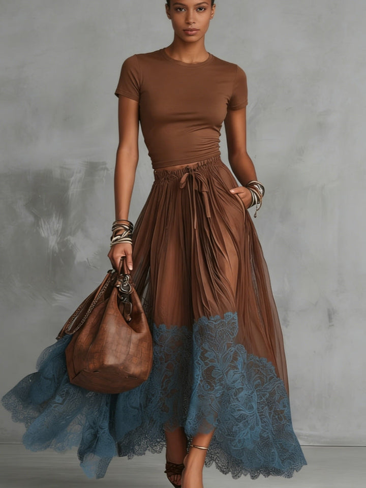 Raffaella | Set gonna in tulle con pizzo marrone e blu