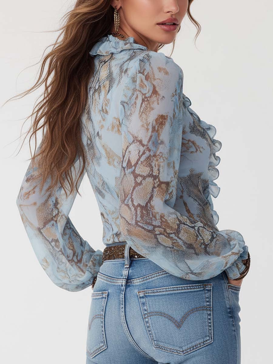 Adelia | Blusa in chiffon con volant e cerniera frontale con stampa blu ghiaccio