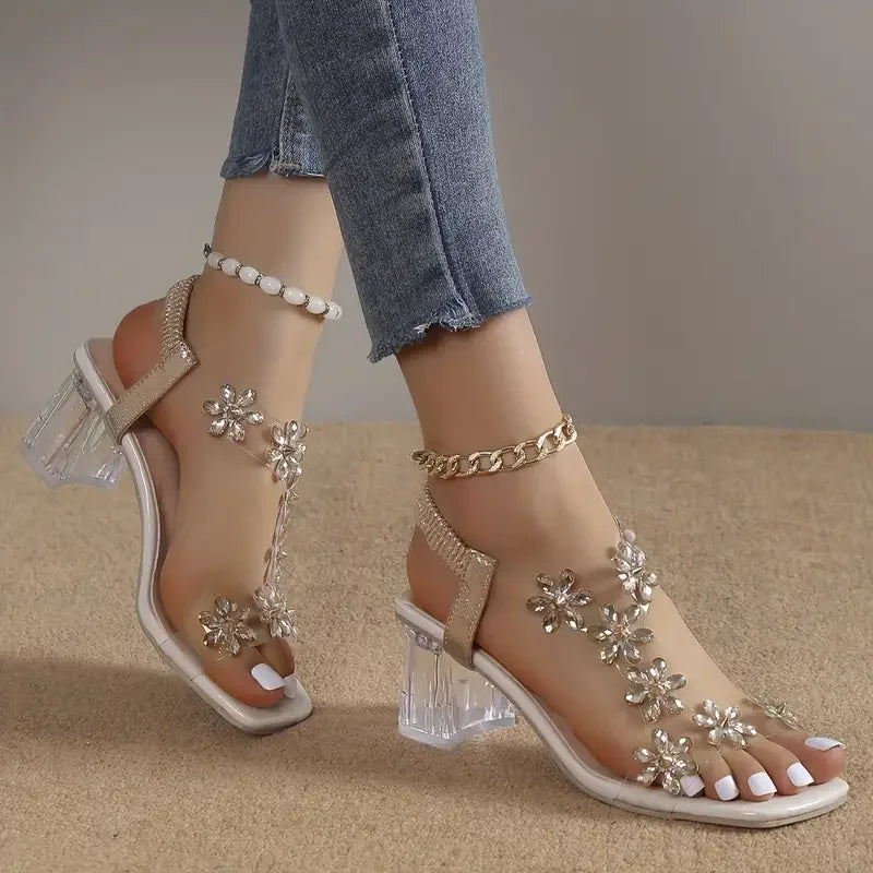 Jessica | Sandali da donna con tacco largo e cristalli a forma di fiori