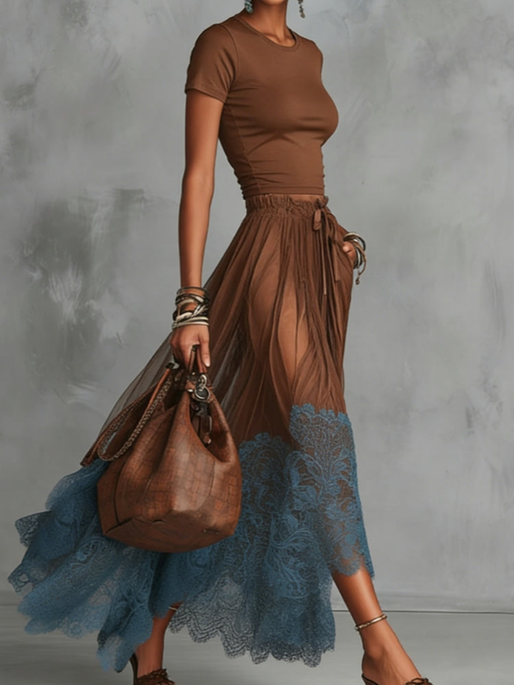 Raffaella | Set gonna in tulle con pizzo marrone e blu