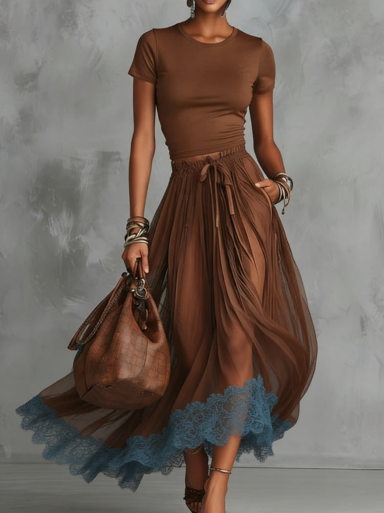 Raffaella | Set gonna in tulle con pizzo marrone e blu