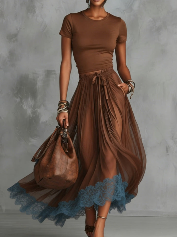 Raffaella | Set gonna in tulle con pizzo marrone e blu