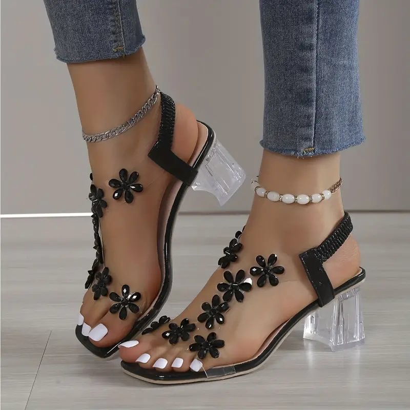 Jessica | Sandali da donna con tacco largo e cristalli a forma di fiori