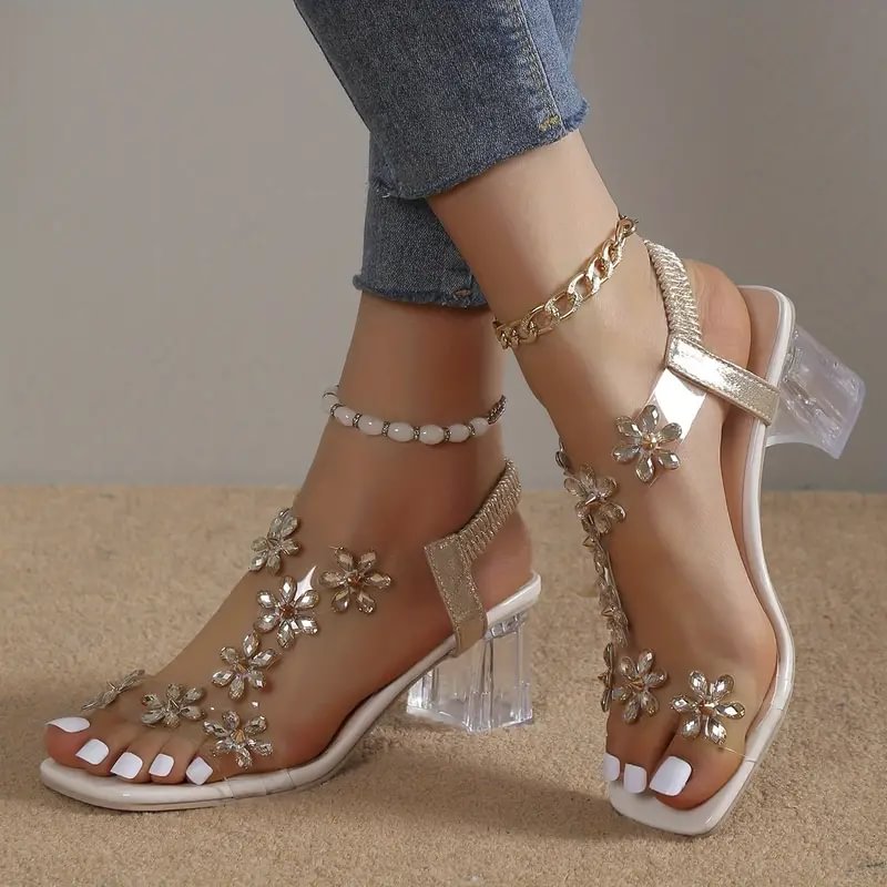 Jessica | Sandali da donna con tacco largo e cristalli a forma di fiori