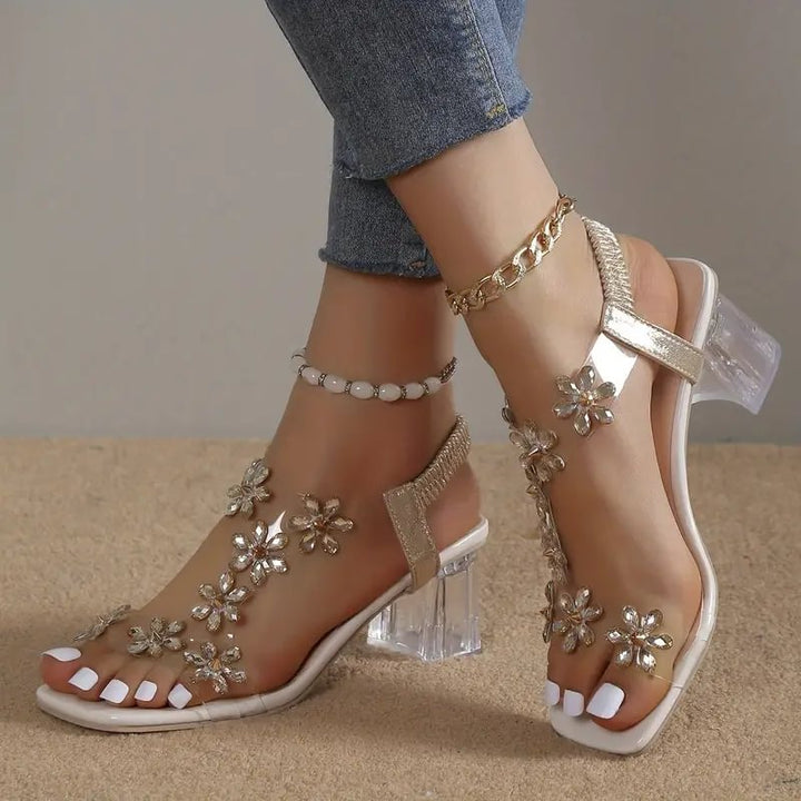 Jessica | Sandali da donna con tacco largo e cristalli a forma di fiori
