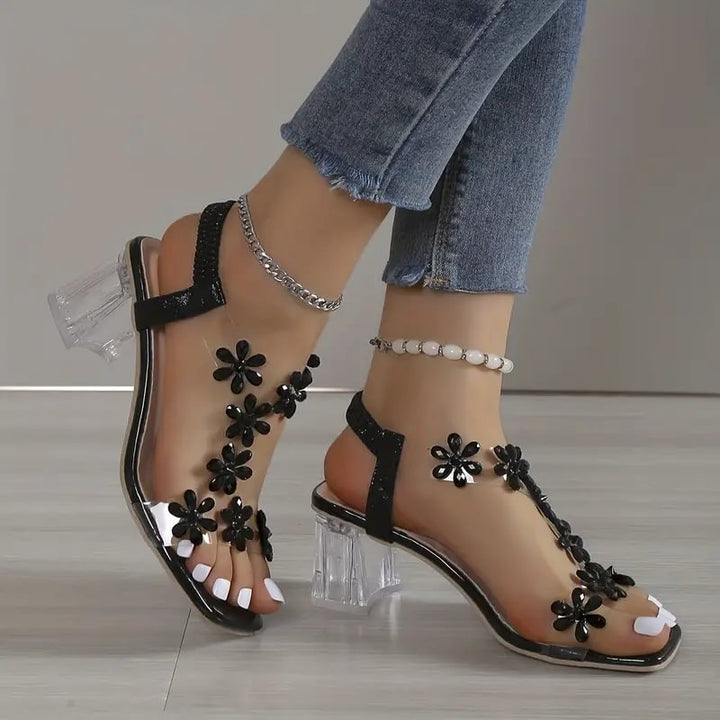 Jessica | Sandali da donna con tacco largo e cristalli a forma di fiori