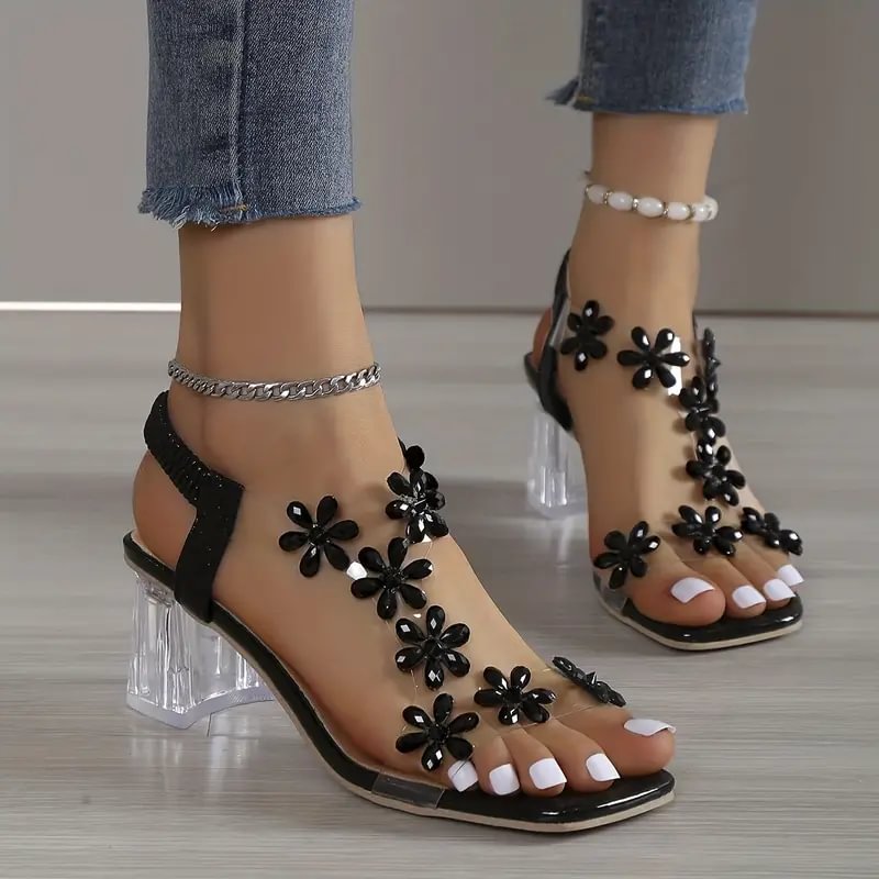 Jessica | Sandali da donna con tacco largo e cristalli a forma di fiori