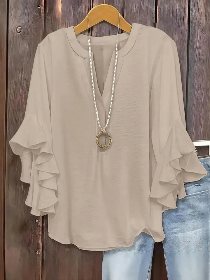 Ada | Camicia con collo a V e maniche a balze, elegante motivo floreale, comoda e alla moda, perfetta per un look casual