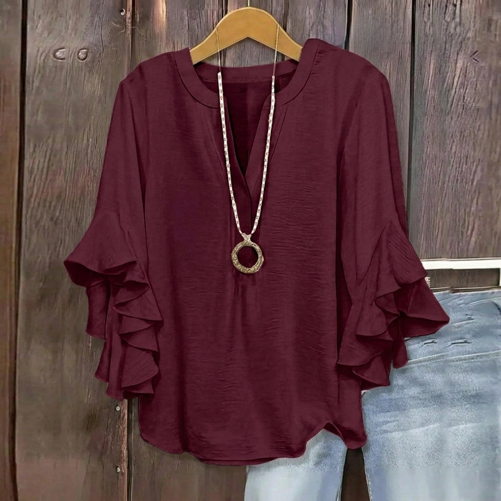Ada | Camicia con collo a V e maniche a balze, elegante motivo floreale, comoda e alla moda, perfetta per un look casual