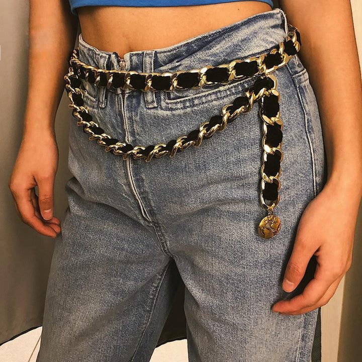 Dina | Cintura vintage alta moda con catena e nappe in nero e oro