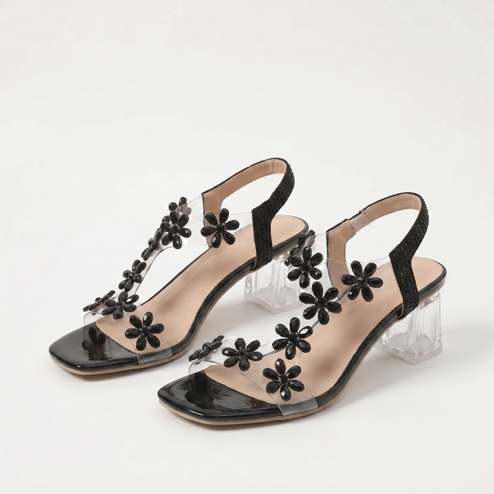 Jessica | Sandali da donna con tacco largo e cristalli a forma di fiori