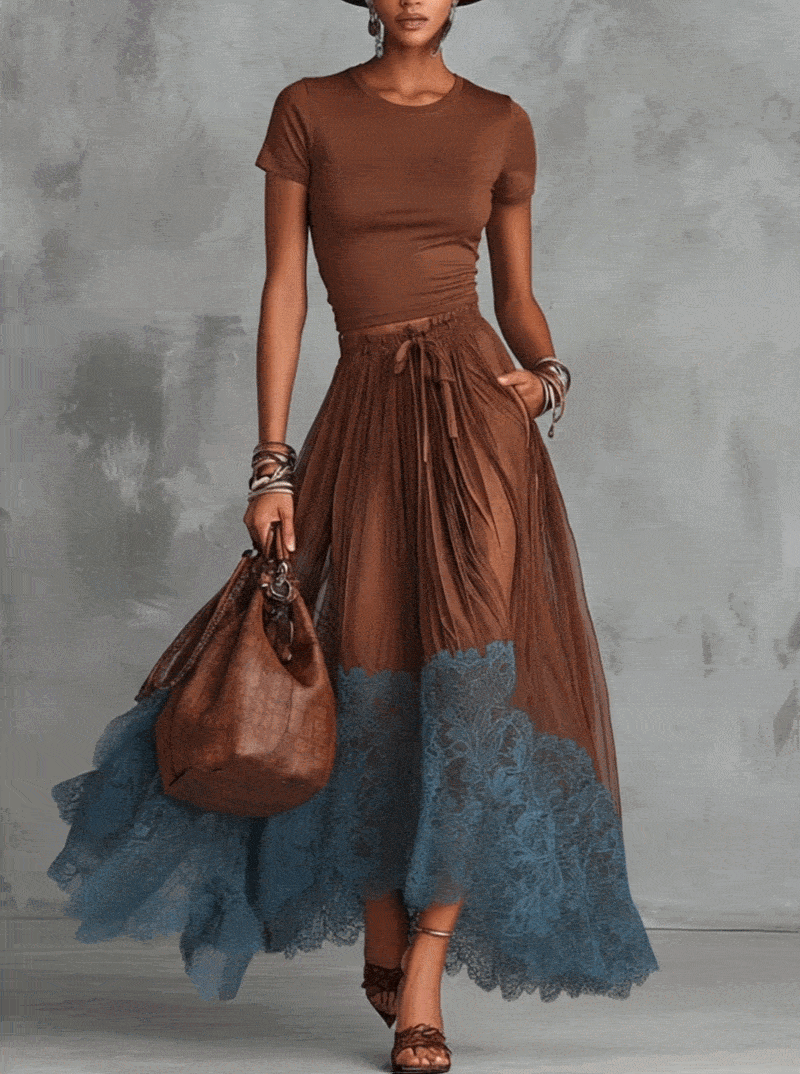Raffaella | Set gonna in tulle con pizzo marrone e blu