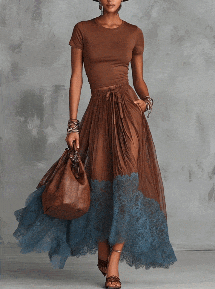 Raffaella | Set gonna in tulle con pizzo marrone e blu