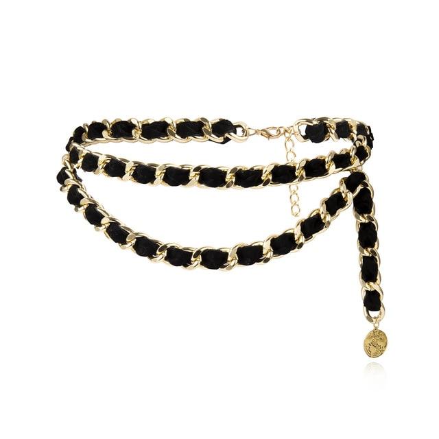 Dina | Cintura vintage alta moda con catena e nappe in nero e oro