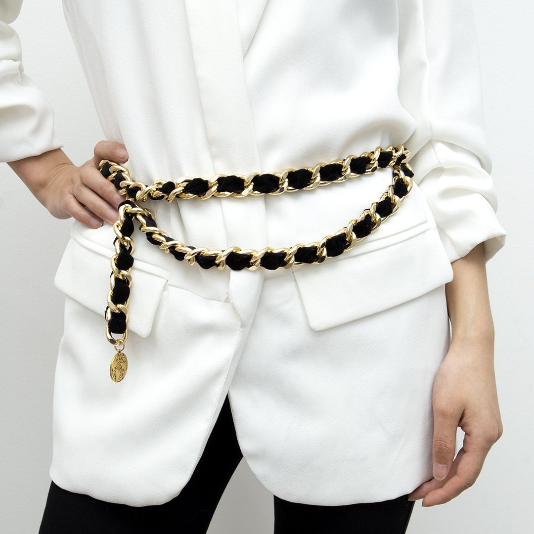 Dina | Cintura vintage alta moda con catena e nappe in nero e oro